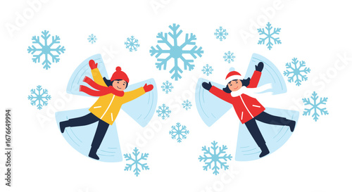 Two cheerful children making snow angels surrounded by snowflakes and winter fun