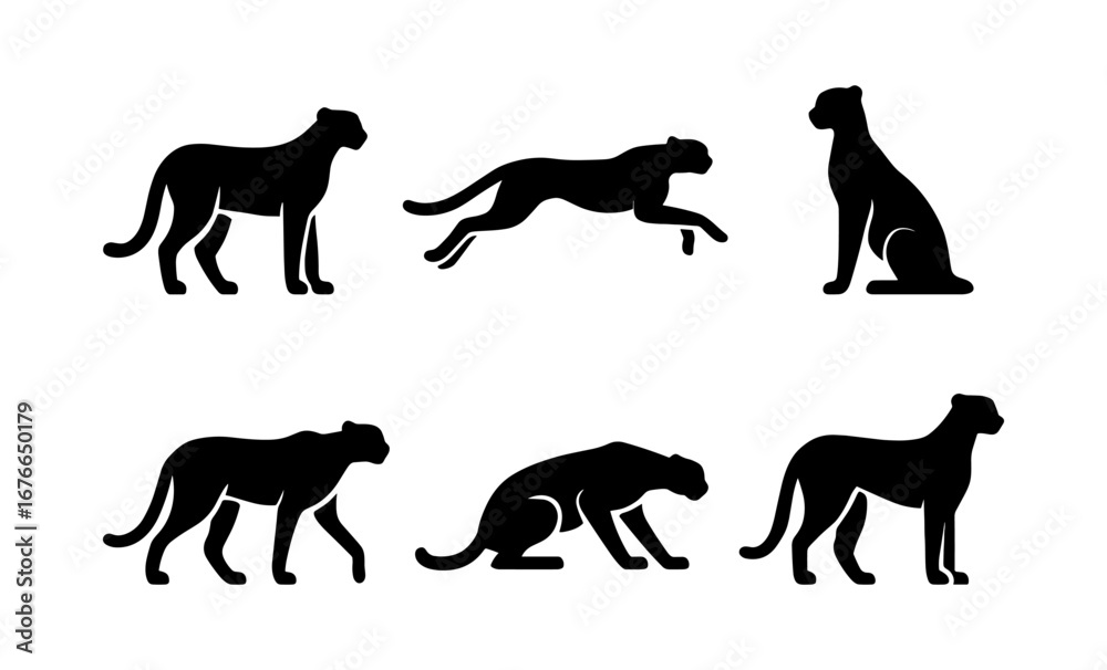 Obraz premium Cheetah silhouettes in various poses on a white background