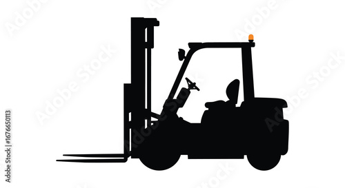 A black silhouette of a forklift with a driver on a white background
