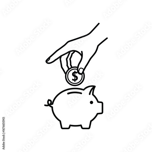 Saving for the Future: An outline illustrates the fundamental concept of fiscal prudence, a hand gently depositing a coin into a piggy bank.