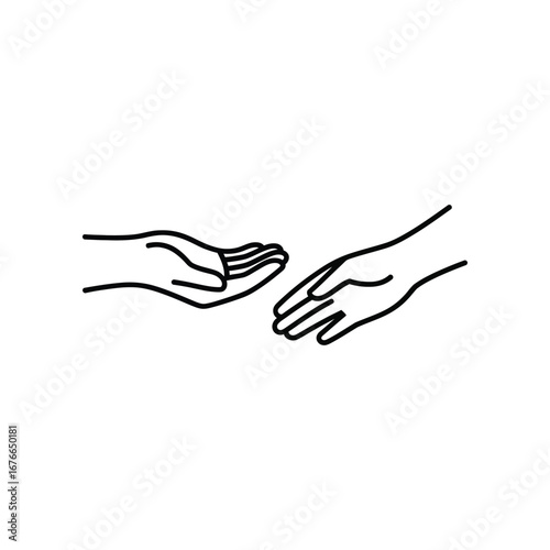 Two Hands Reaching: An artistic representation of two hands outstretched, poised in a gesture of offering, connection, or assistance. This minimalist line art piece evokes feelings of support.