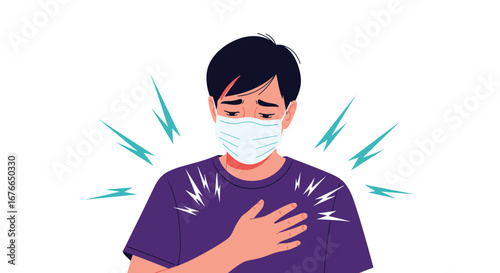 Person experiencing chest pain while wearing a protective face mask indicating potential respiratory distress symptom