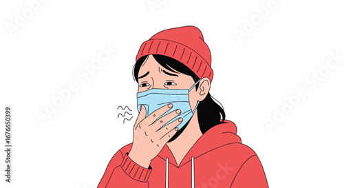 Person wearing a face covering showing symptoms of illness coughing into their hand protected by a medical mask