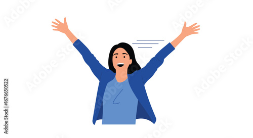 Joyful woman celebrates success with arms raised high in a gesture of triumph