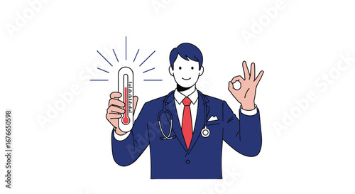 Doctor holding thermometer showing normal temperature and giving ok gesture