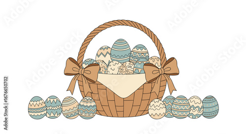 Beautifully decorated easter eggs overflowing from a rustic woven basket with bows and delicate patterns on a white background