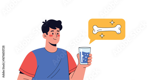 Man holding glass with bubbles and bone illustration celebrating strong bones