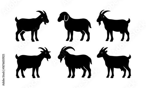 Silhouette goat set with diverse breeds in black