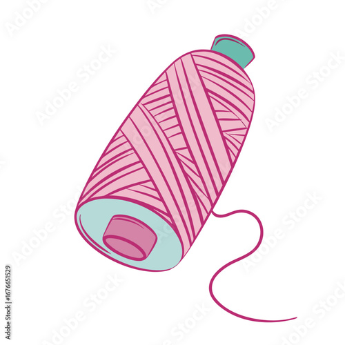 Pink thread spool with teal accents and trailing thread magenta