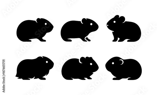 Silhouette set of various guinea pig breeds in simple black design
