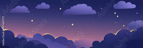 Minimalist night sky with layered clouds and scattered stars in flat vector style with gradient twilight background illustration