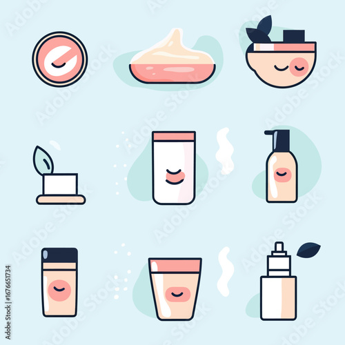 Set of nine minimal flat skincare icons including cream jar, lotion bottle, soap bar, face mask bowl, and spray bottle in pastel colors with soft shapes and leaves decorative elements