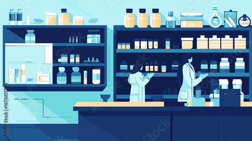 Pharmacy laboratory interior with pharmacists working surrounded by medicine bottles shelves and scientific equipment flat vector illustration in blue tones