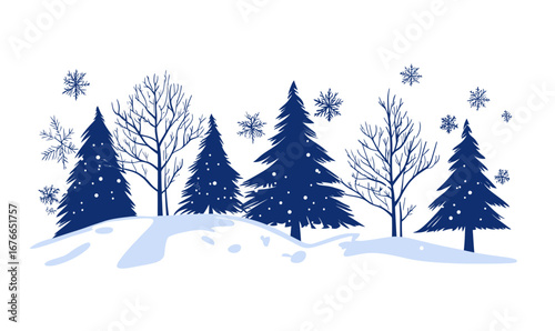 Winter forest snow covered pine trees and bare branches with scattered snowflakes minimalist vector illustration landscape background design