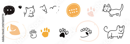 Hand drawn cat and dog paw prints with speech bubble and heart doodle set, minimalist pet icons and animal footprints vector illustration in simple line art style