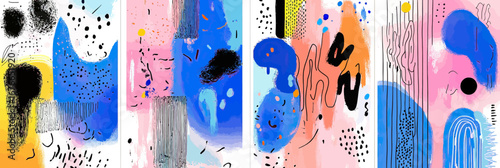 Abstract colorful posters set with bold black lines, paint splatters, blue and pink shapes, flat minimalist vector design, modern art background collection for creative projects