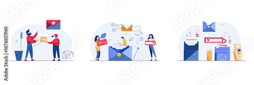 Flat vector illustration of people sending promotional emails with envelopes, marketing messages, discounts, and e-commerce sales concepts in minimalist style