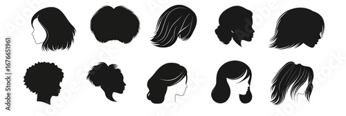 Black women hairstyle silhouettes collection featuring diverse straight, afro, bun, wavy, and layered hair profile icons for hair care and beauty concepts in flat minimalist style vector