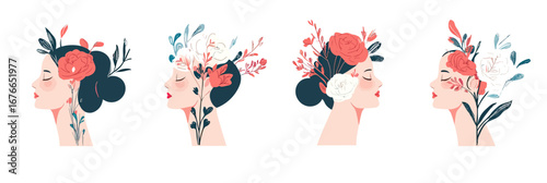 Four elegant female profiles with floral elements in hair, minimalist vector art depicting beauty, nature connection, self care, and inner peace concept