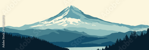 Minimalist vector illustration of snow capped Mount Hood Oregon with layered forest silhouettes and lake in blue green color palette flat design landscape