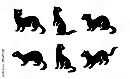 Set of black animal silhouettes: diverse poses of cute ferrets in various positions