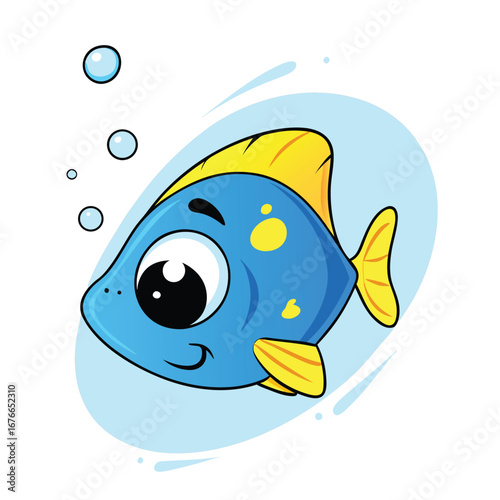 Blue fish with yellow fins and tail surrounded by bubbles water