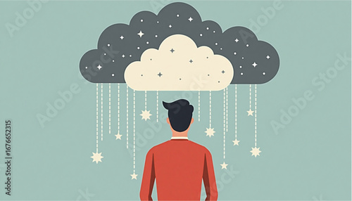 Young man in contemplative mood standing under a cloud with stars and rain in a minimalist style