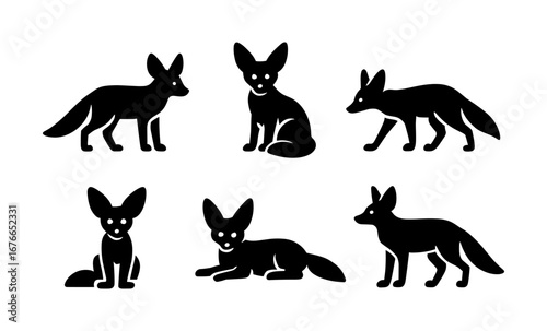 Silhouette collection of stylized foxes in various poses