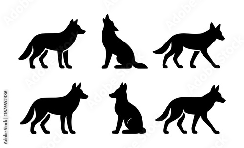 Silhouette of german shepherds in various poses on white background
