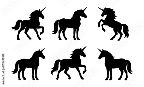 Silhouette unicorns: majestic black horse designs in various poses