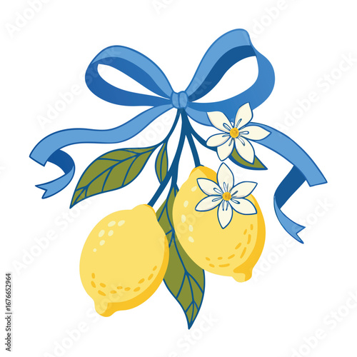 Yellow lemons with blue ribbon and white flowers fruit