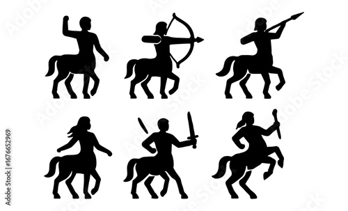 Centaur silhouettes in various poses with weapons and dynamic movement