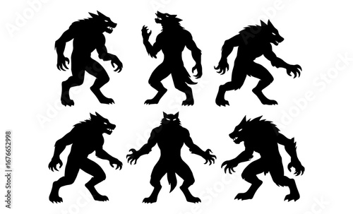 Werewolf silhouette set: six dynamic poses in black and white