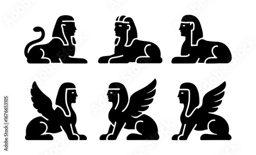 Ancient mythical figures silhouette collection: sphinx variations with wings and classic forms