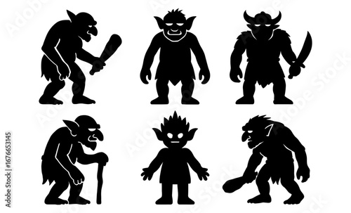 Silhouette collection of fantasy goblins and trolls in various poses with weaponry