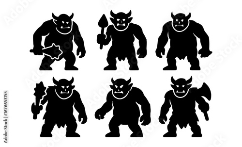 Silhouette fantasy creatures with weapons in various poses
