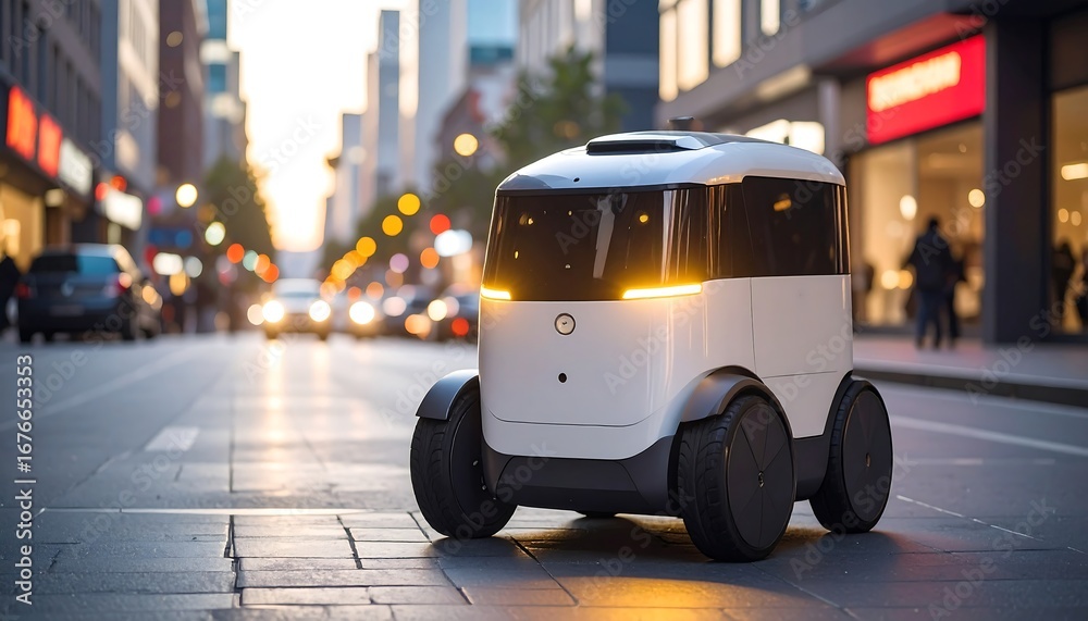 Obraz premium Autonomous delivery robot navigating a busy urban street during sunset, showcasing modern technology