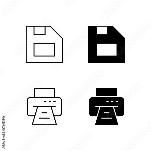 Save and Print Icon Collection in Line and Solid Style