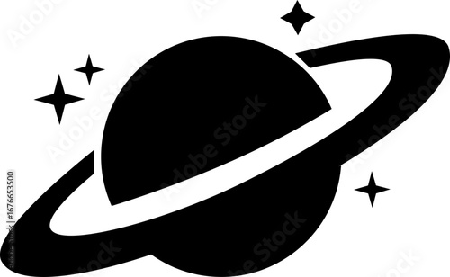 Saturn planet icon in trendy black flat style. Astronomy orbit cosmic galaxy space celestial body solar system ringed planet silhouette illustration design isolated on transparent background.