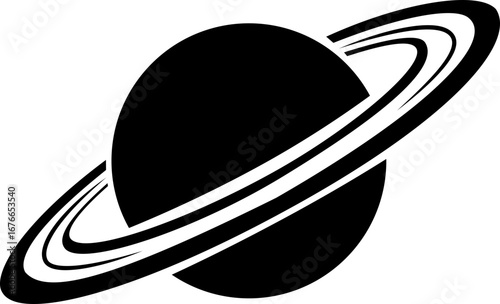 Saturn planet icon in trendy black flat style. Astronomy orbit cosmic galaxy space celestial body solar system ringed planet silhouette illustration design isolated on transparent background.