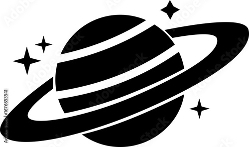 Saturn planet icon in trendy black flat style. Astronomy orbit cosmic galaxy space celestial body solar system ringed planet silhouette illustration design isolated on transparent background.