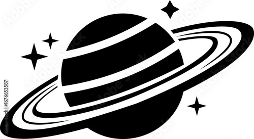 Saturn planet icon in trendy black flat style. Astronomy orbit cosmic galaxy space celestial body solar system ringed planet silhouette illustration design isolated on transparent background.