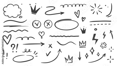 Sketch underline, emphasis, line shape set. Hand drawn swirl swoosh, love, speech bubble, underline element. Vector illustration.


