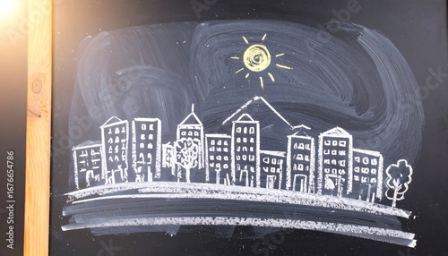 Child's drawing of city skyline