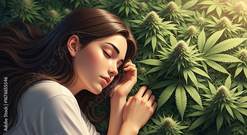 A serene woman sleeps amongst vibrant cannabis plants