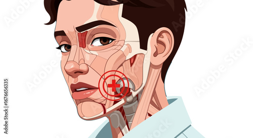 Detailed Vector Illustration of Human Head Anatomy with Highlighted Jaw Area Indicating Pain or Medical Condition