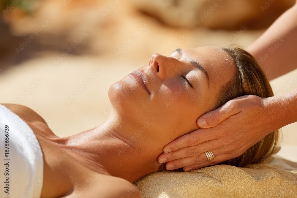 Obraz premium A woman enjoys a relaxing head massage outdoors, eyes closed, basking in warmth and tranquility