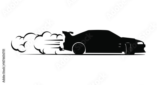 Black silhouette of a car speeding with smoke coming out of the back