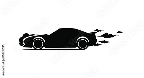 Black silhouette of a speeding car with smoke and dust behind it