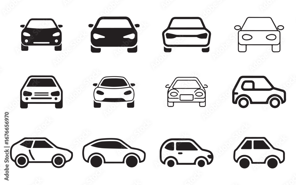 Fototapeta premium car front view icons set, auto vehicle isolated, automobile silhouette front view, flat vector icon, car sign and symbol